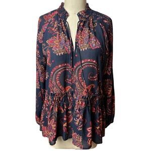 Loft Navy Red Paisley Print Flowy Fabric Blouse Women's Size M